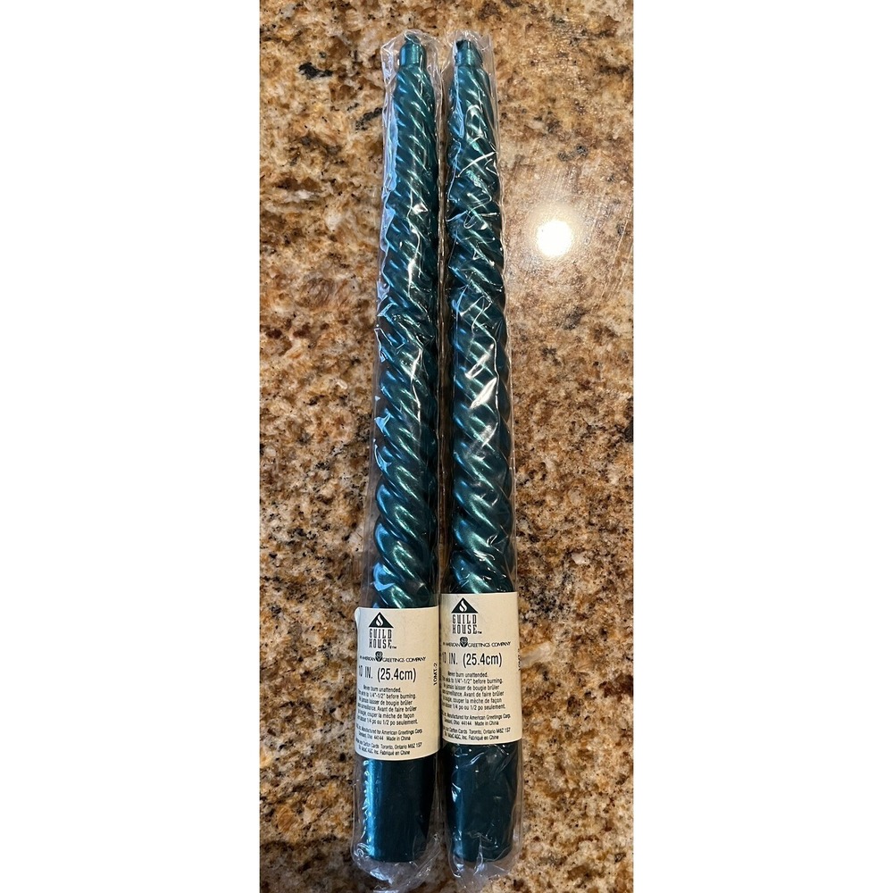 Vintage Pair NOS Guild House Spiral Taper Candles 10" Blue Green Metallic Look